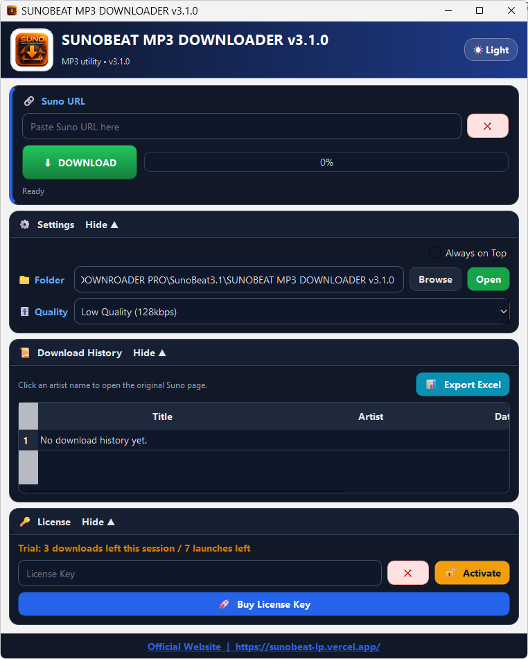 SunoBeat MP3 Downloader v3.1.0 Interface